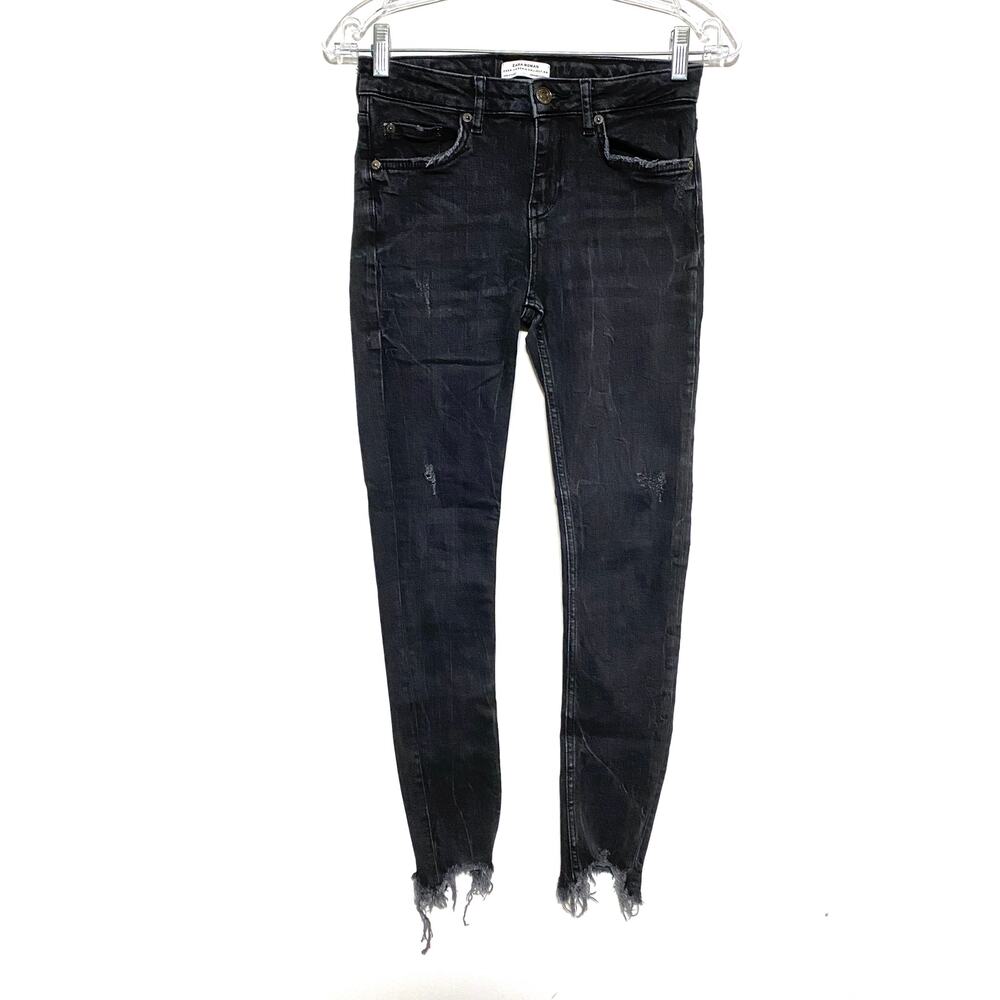 Zara Jeans Raw Hem Distressed Denim Frayed Women 2 Stretch Grunge Whimsigoth Emo
